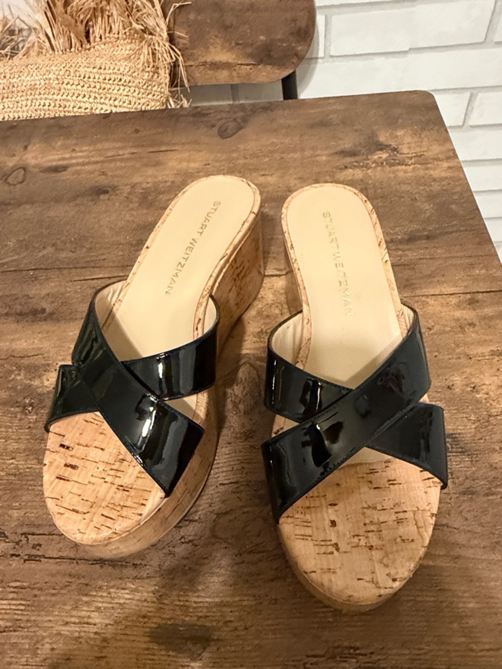 Stuart Weitzman Black Patent Cork Wedge Mules